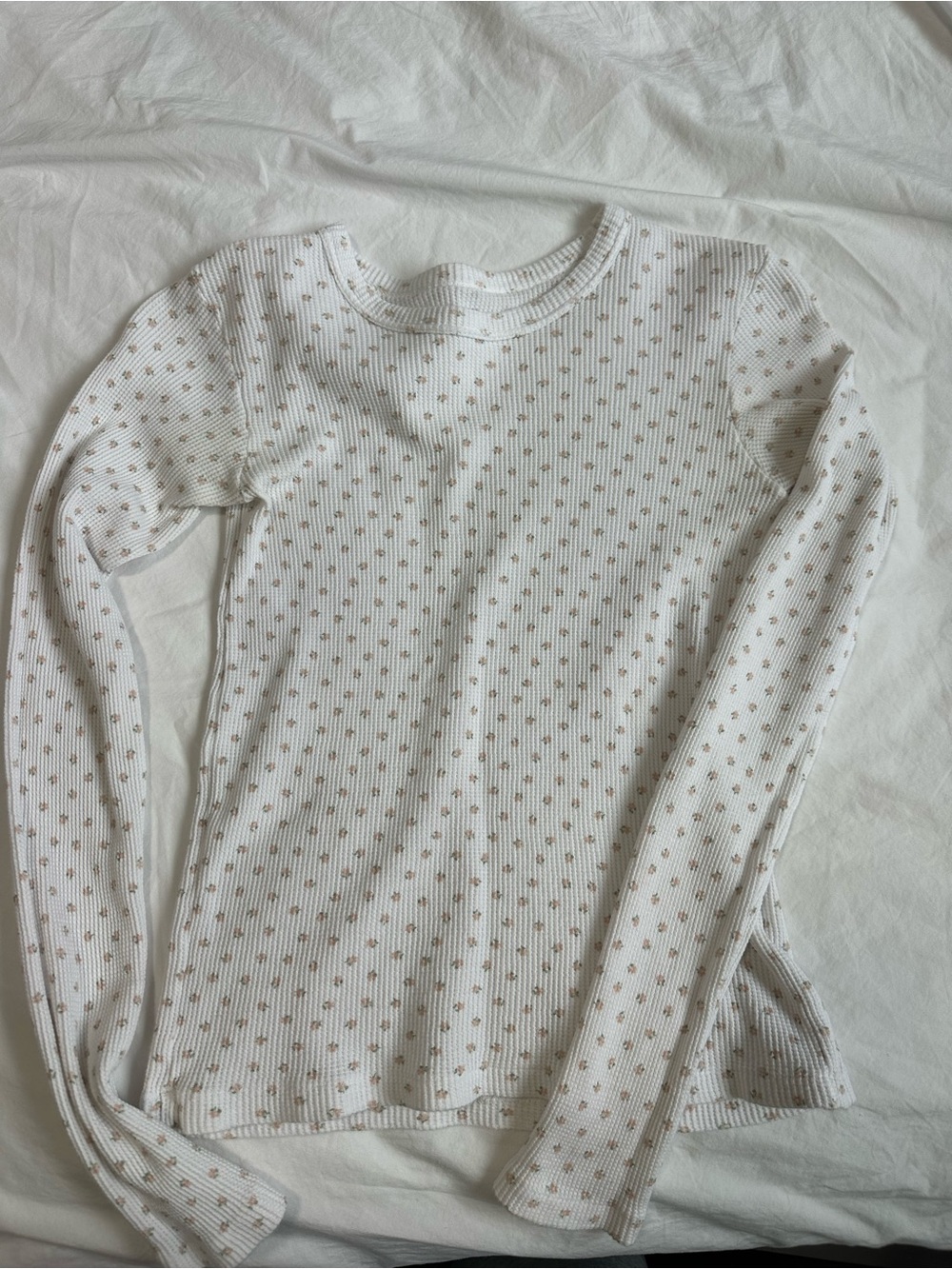 Brandy Melville White Long Sleeve Thermal Top with Tan Dot Print